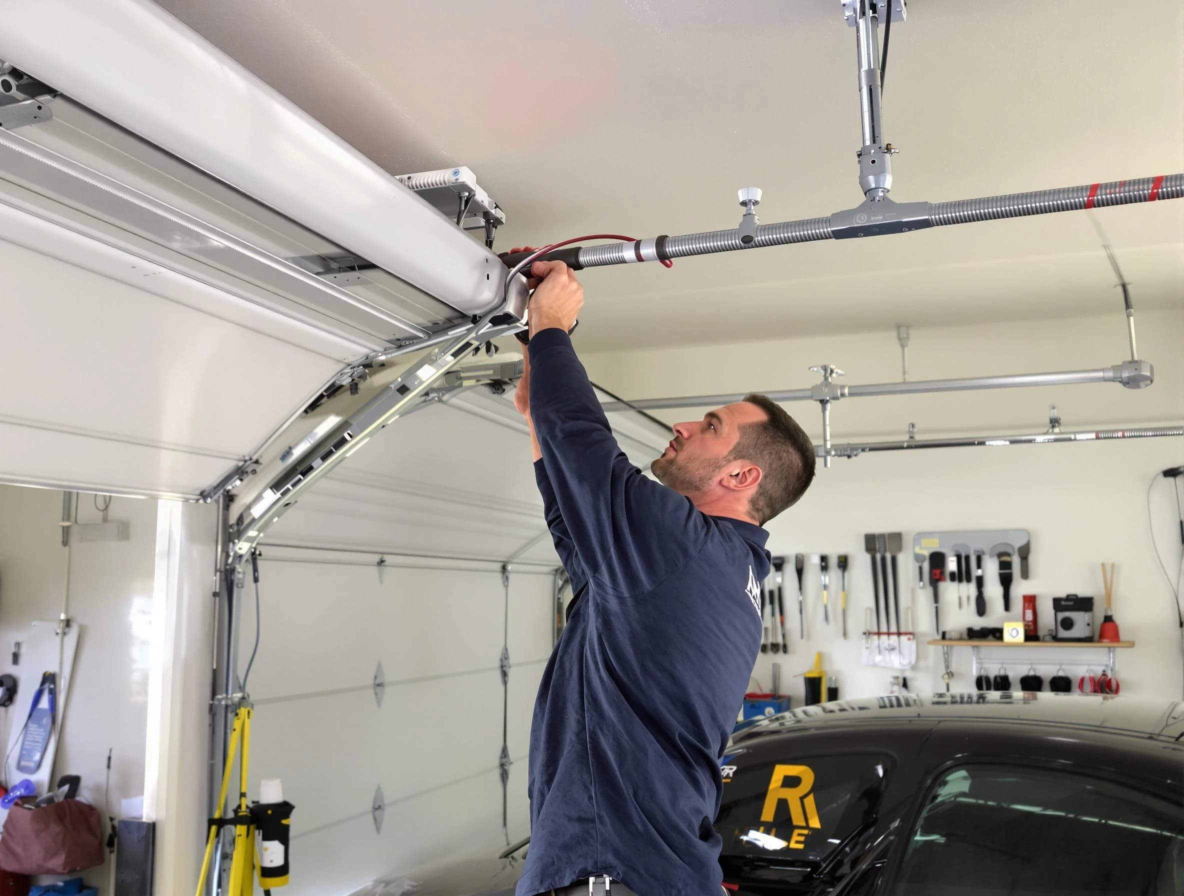 Randolph Garage Door Repair technician performing garage door cable repair in Randolph