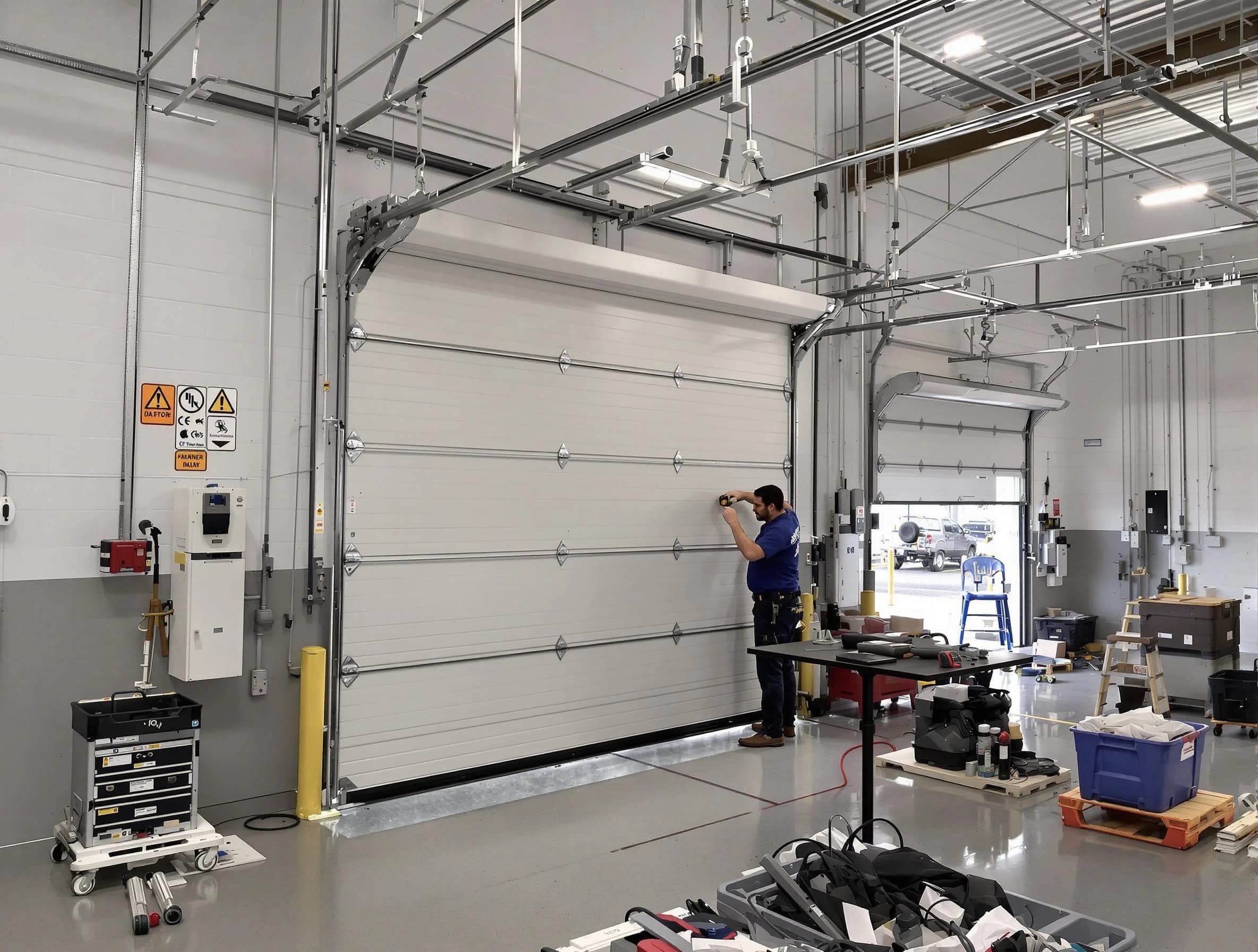 Commercial garage door repair being performed by Randolph Garage Door Repair expert in Randolph