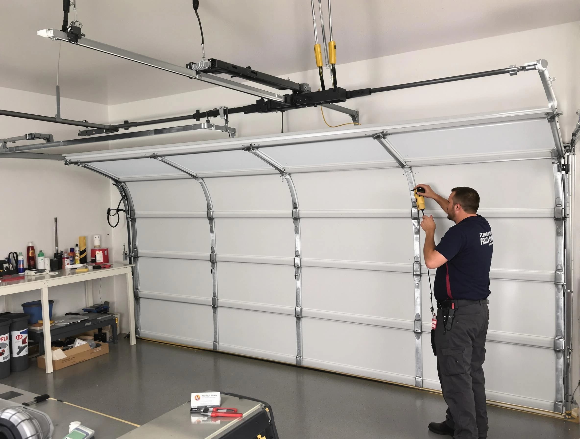 Randolph Garage Door Repair certified technician performing overhead door system repair in Randolph