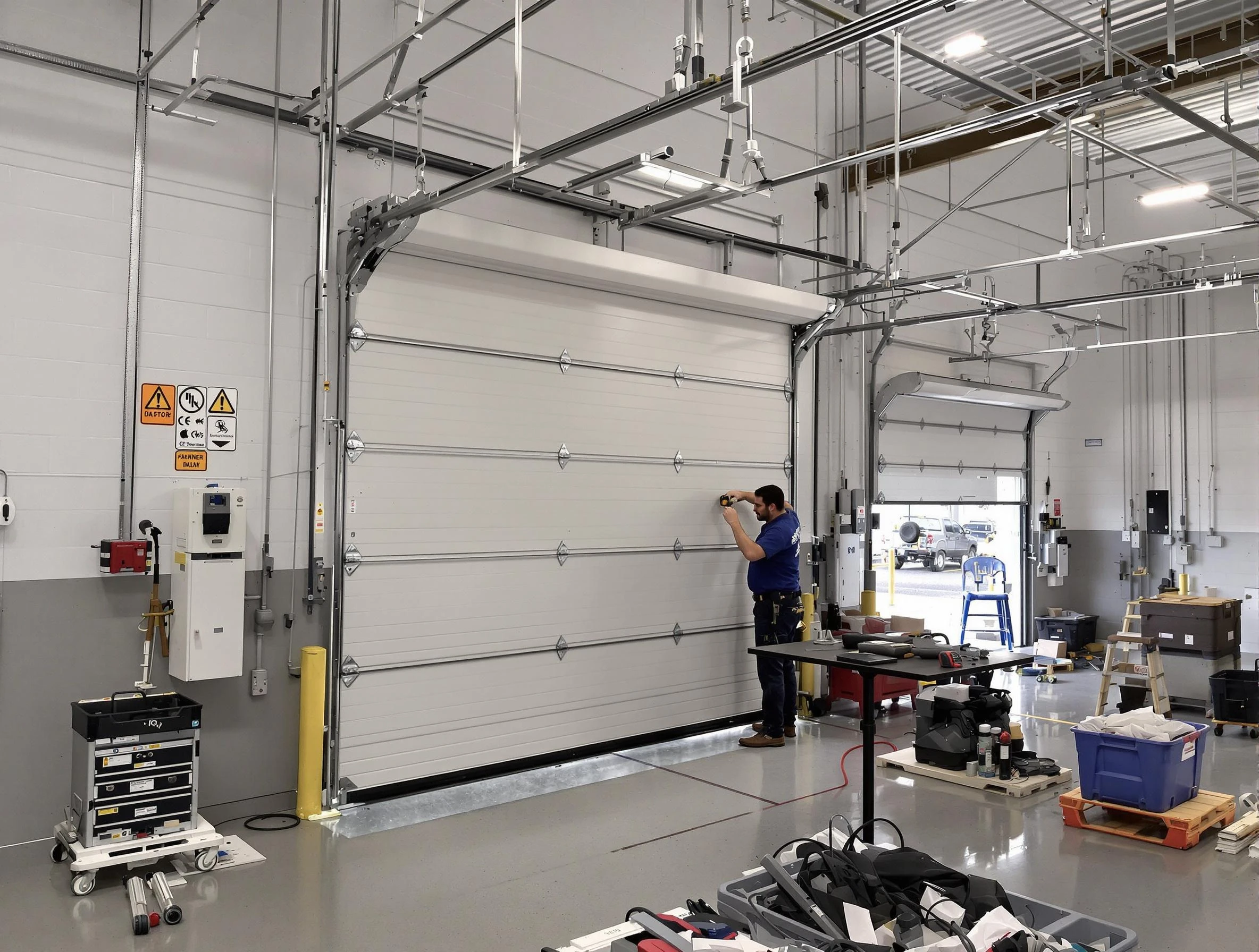 Commercial garage door repair being performed by Randolph Garage Door Repair expert in Randolph