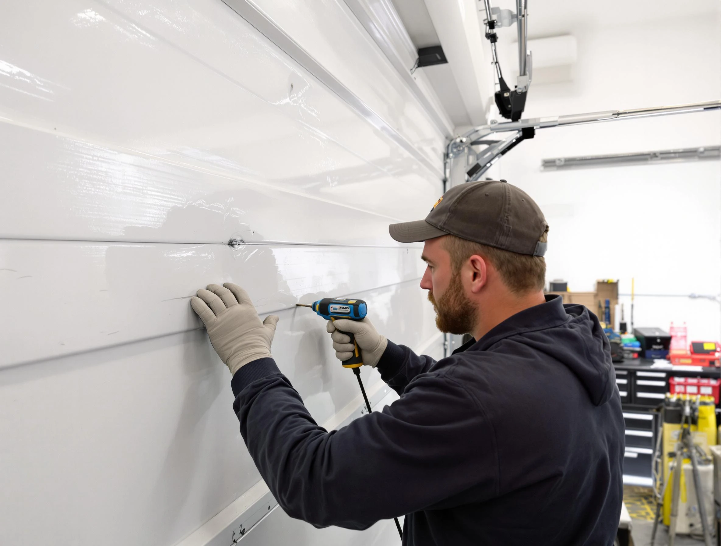 Randolph Garage Door Repair technician demonstrating precision dent removal techniques on a Randolph garage door