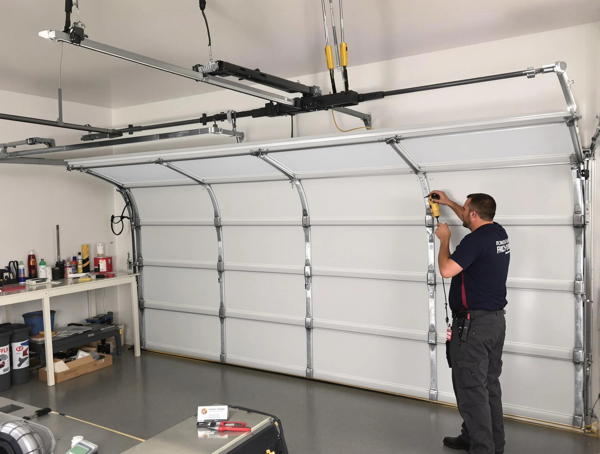 Randolph Garage Door Repair certified technician performing overhead door system repair in Randolph