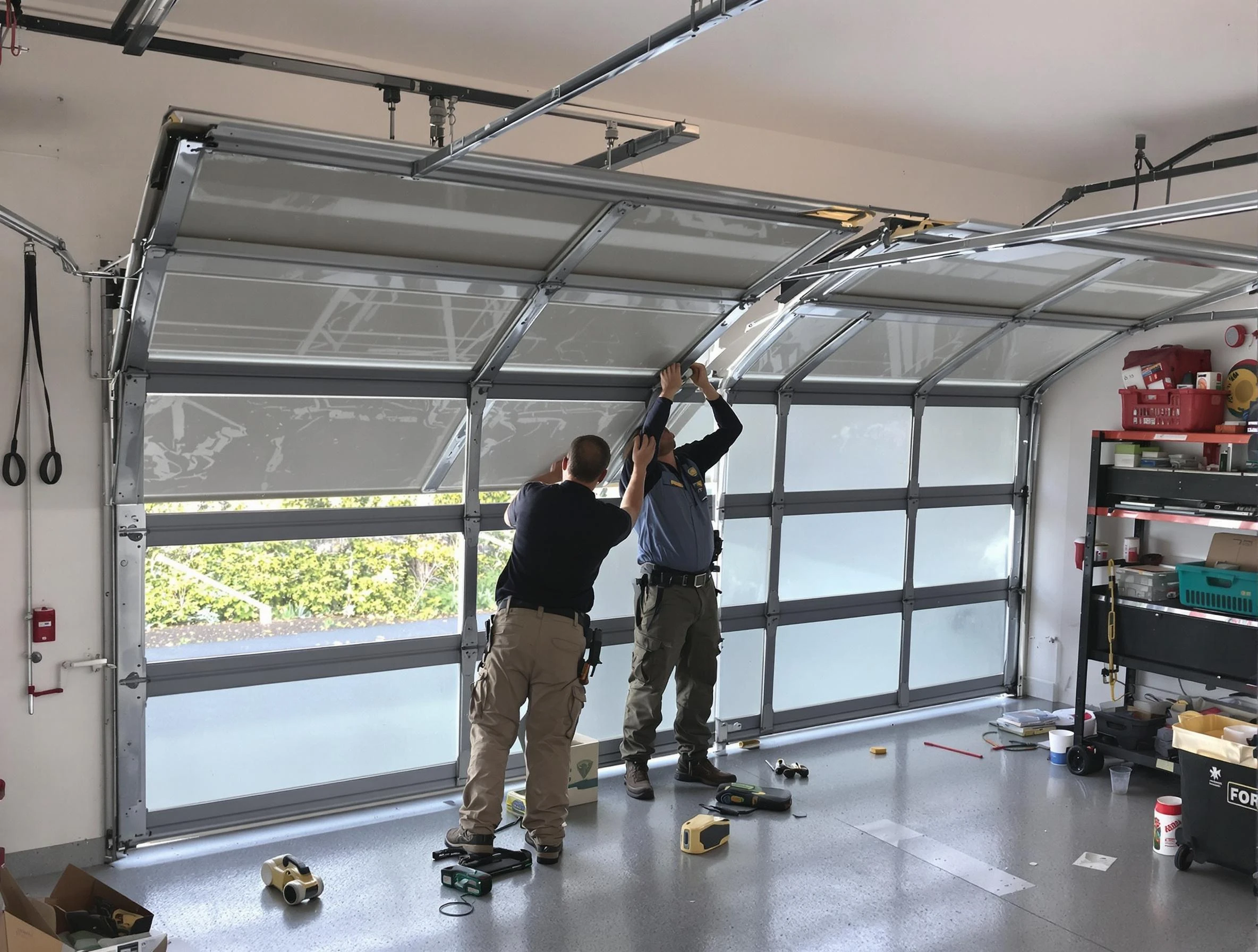 Randolph Garage Door Repair expert performing precise panel replacement on Randolph garage door