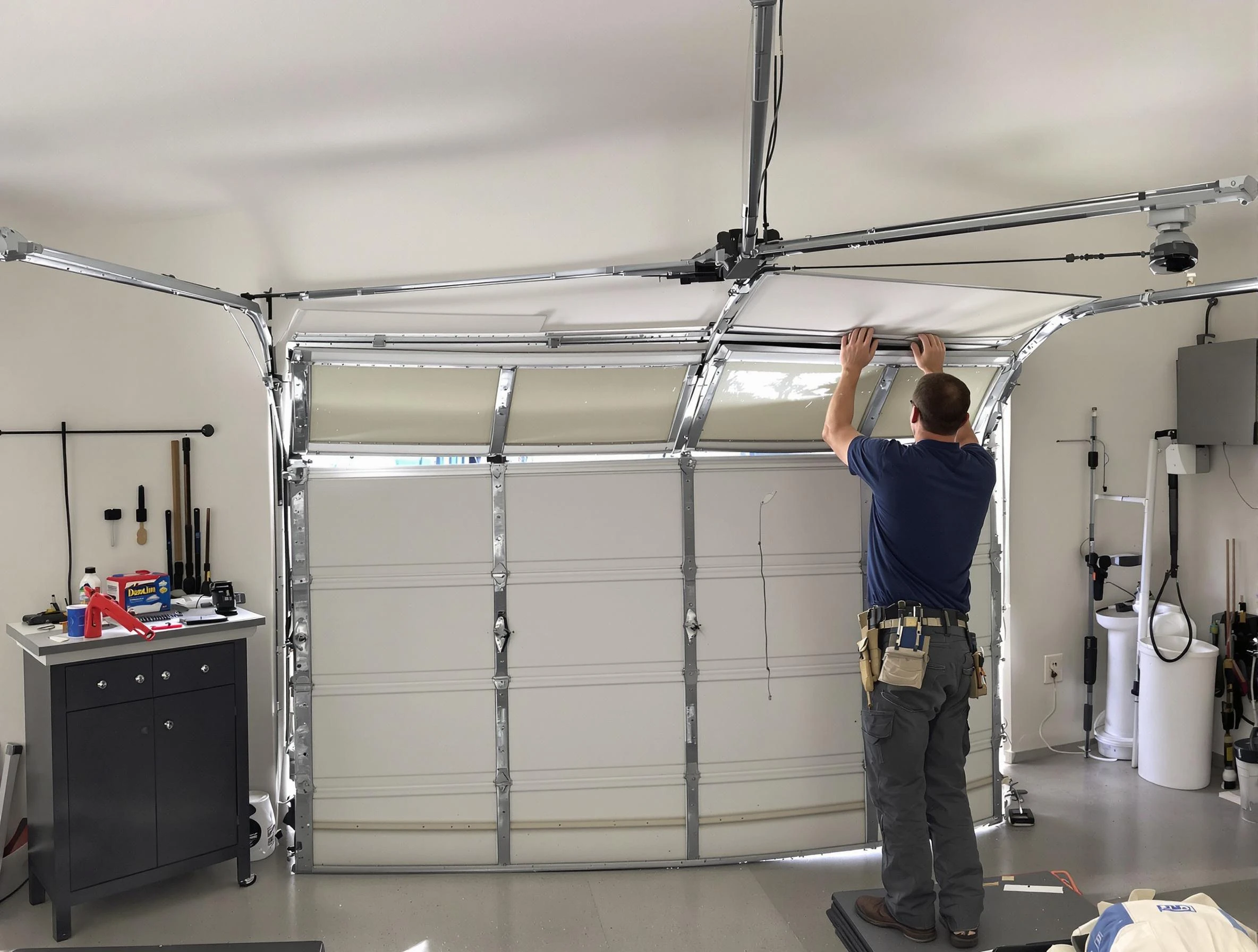 Randolph Garage Door Repair specialist performing precise section replacement on Randolph garage door